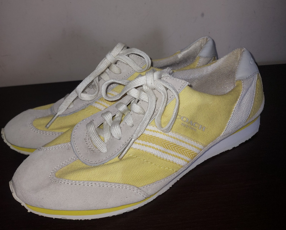 Coach Women's Sneakers 9.5M Low Top Lace-Up MAE Canvas Casual Yellow White